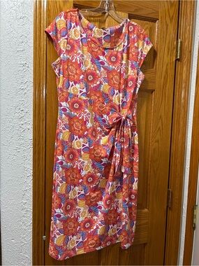 Talbots Coral and Yellow Floral Midi Dress with Side Tie